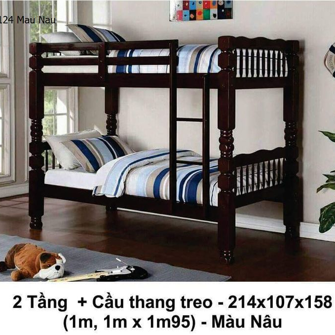 Giường tầng đẹp giá rẻ có cầu thang treo màu nâu mã BF 124