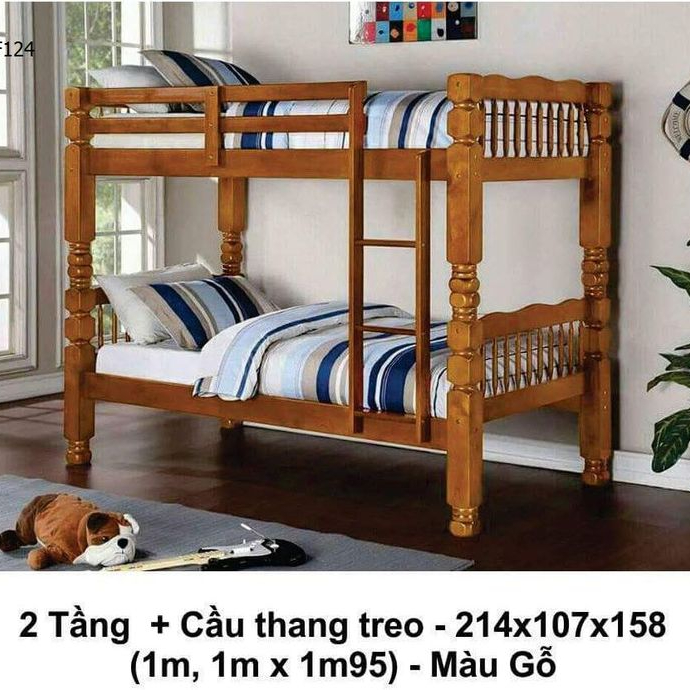 Giường tầng đẹp giá rẻ có cầu thang treo màu nâu mã BF 124