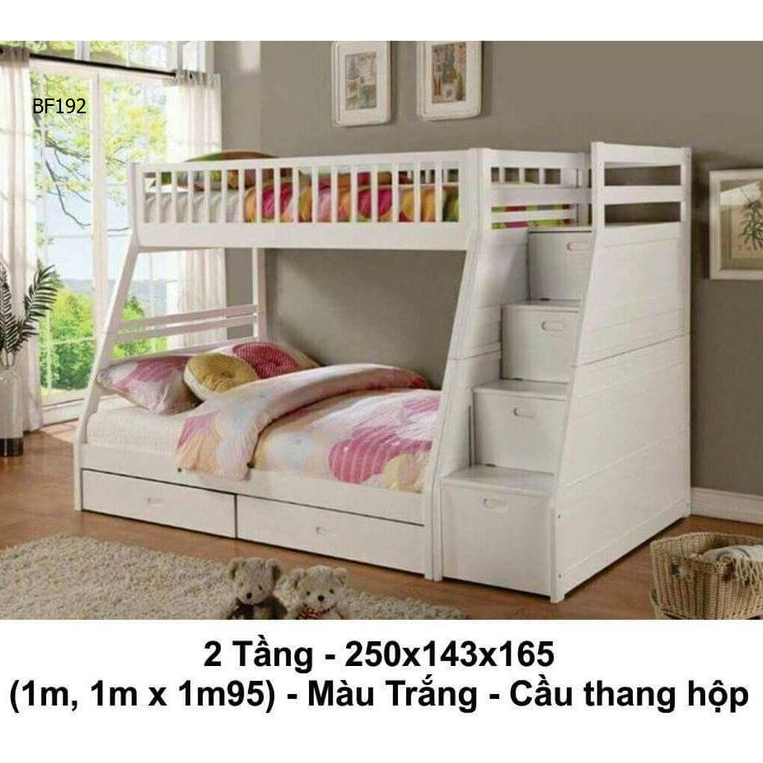 Mẫu giường tầng cầu thang treo màu trắng BF192-HK ( có cầu thang hộp)