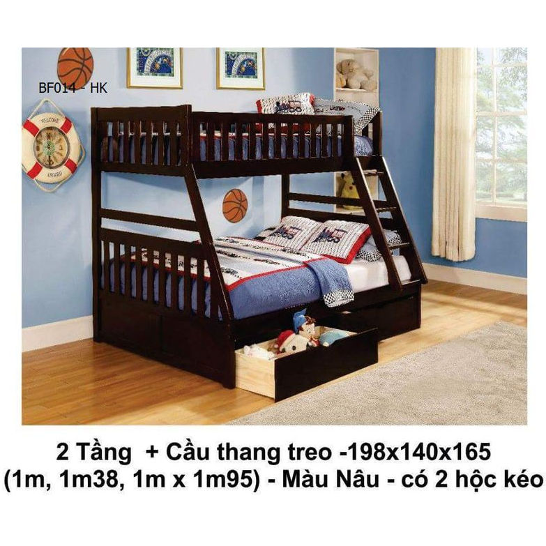 Mẫu giường tầng có 2 hộc kéo màu nâu mã BF 014 – HK